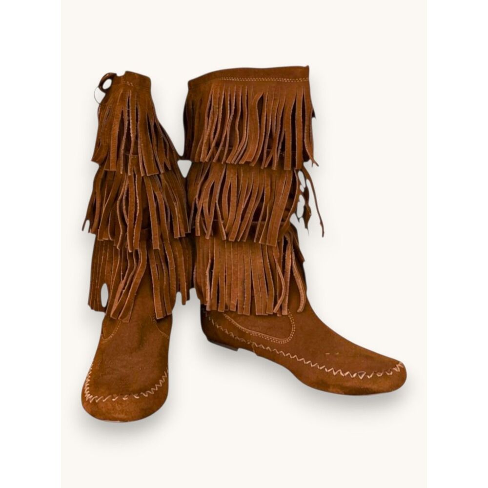 LC Lauren Conrad Mikka Fringe Moccasin Boots Brown Western Boho ~8